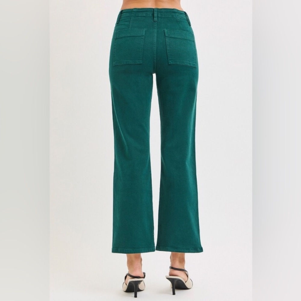 Risen High Rise Kick Flare Patch Pocket Jeans Hunter Green Ankle Various NEW - Picture 3 of 7
